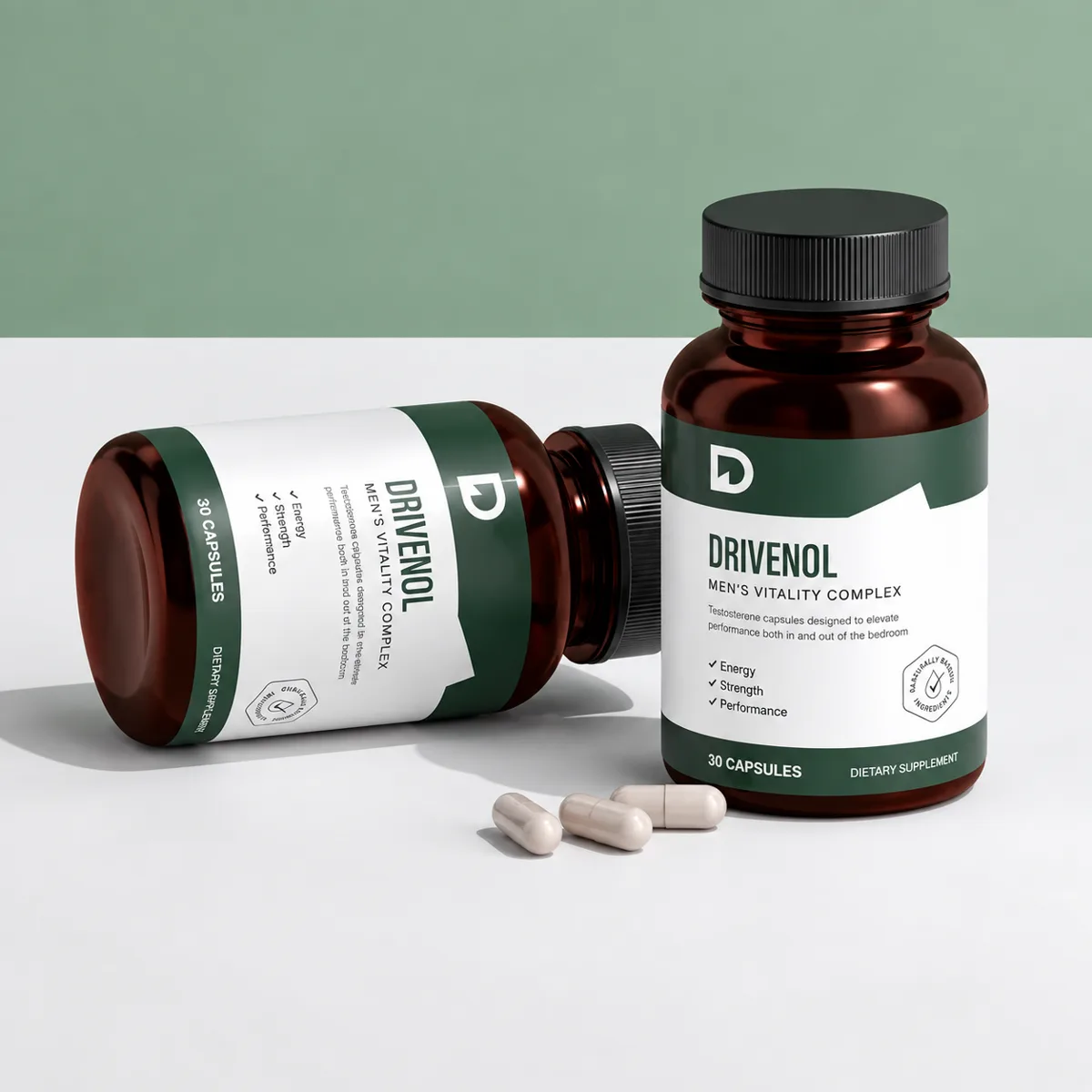 Two bottles of Drivenol Men's Vitality Complex with capsules