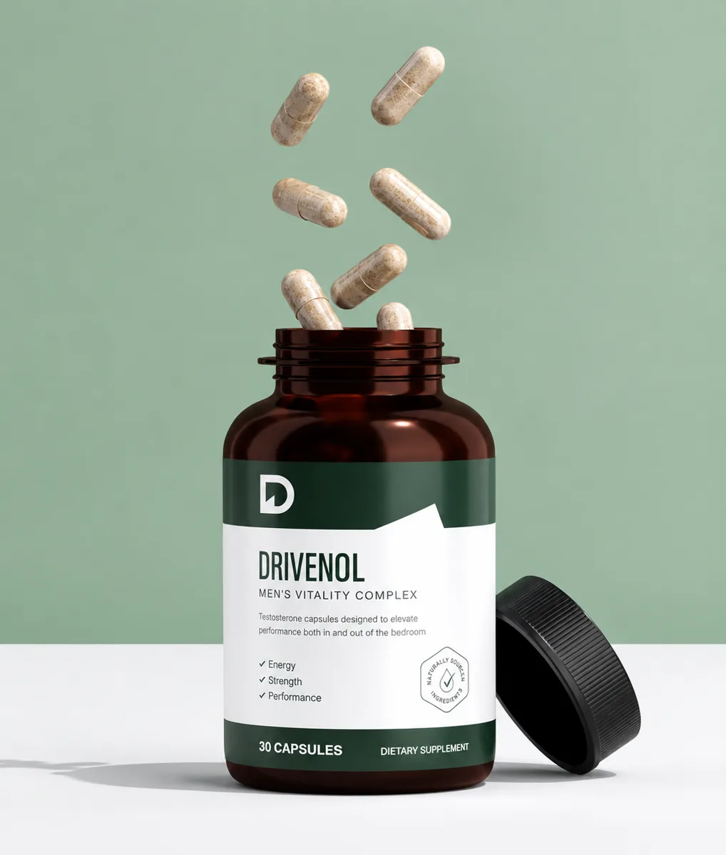 Open Drivenol bottle with capsules falling in, sage green background